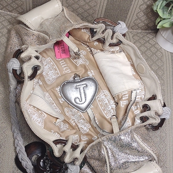 Juicy Couture Y2K Shimmering Linen Shoulder Bag with Wood Charms - Picture 9 of 16